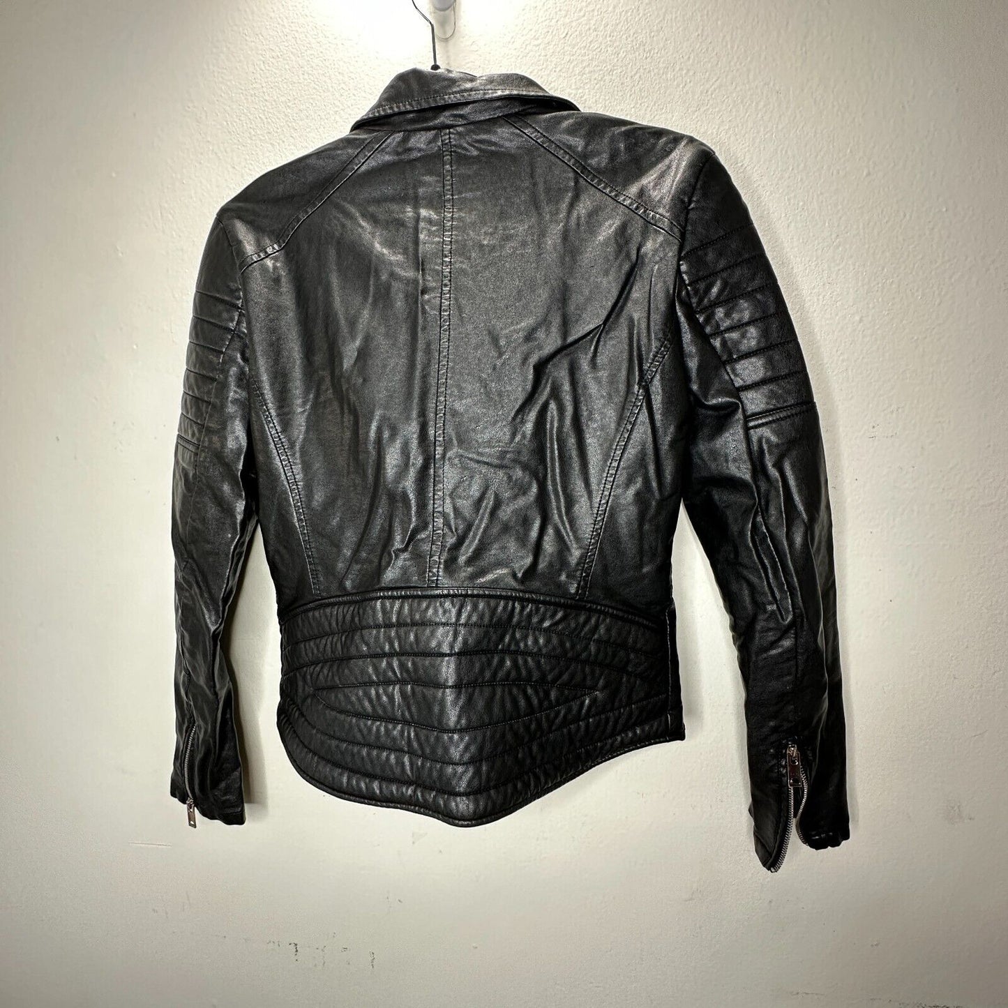BlankNYC Black Faux Leather Zip Moto Jacket Quilted Shoulders & Back Design SM
