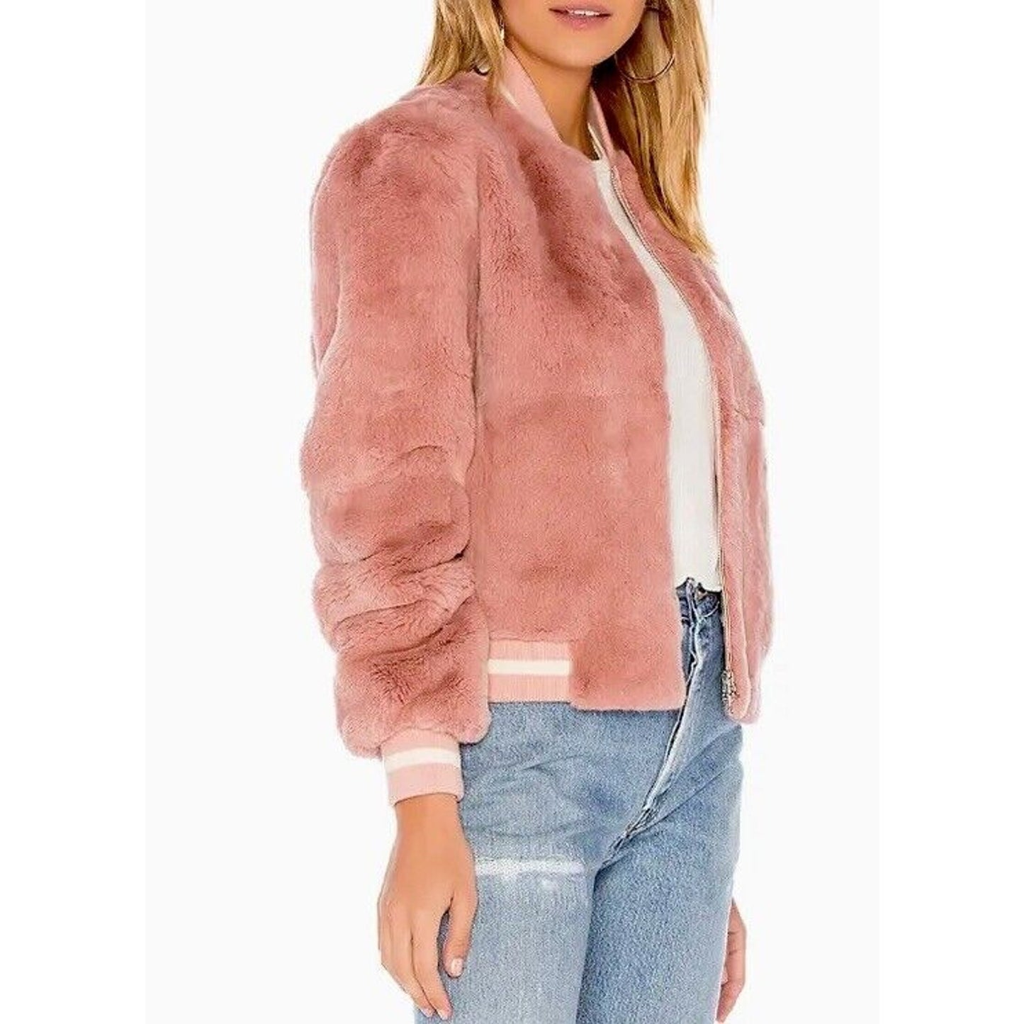 Elizabeth &James Luxe Pink Dahlia Rabbit Fur Banded Jacket Front Zip Pockets L