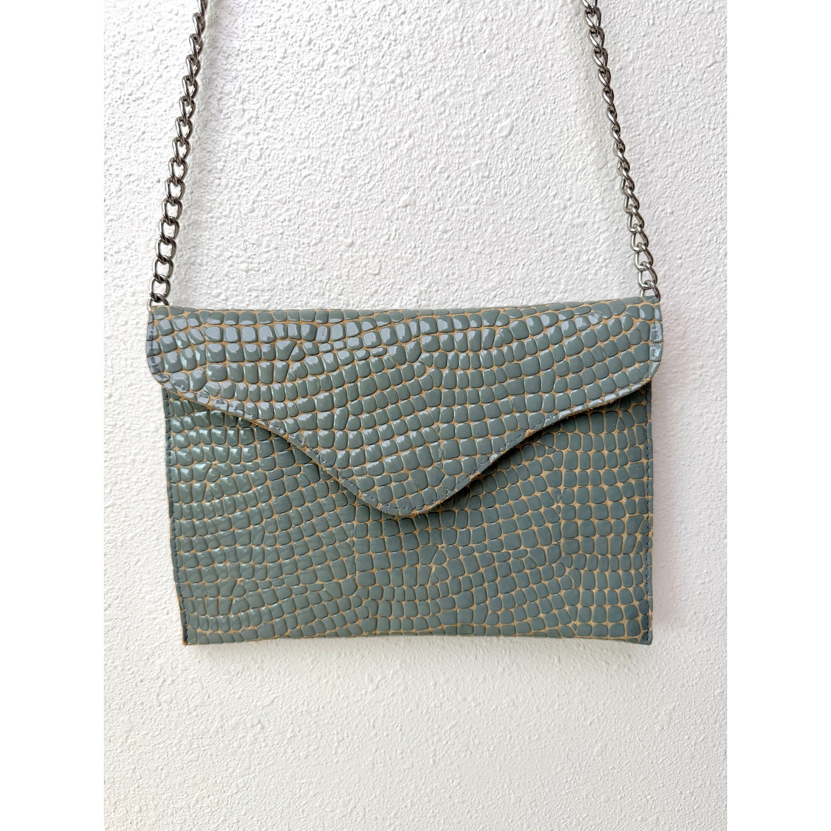 JJ Winters Blue Gray Croc Envelope Chain Bag Women's