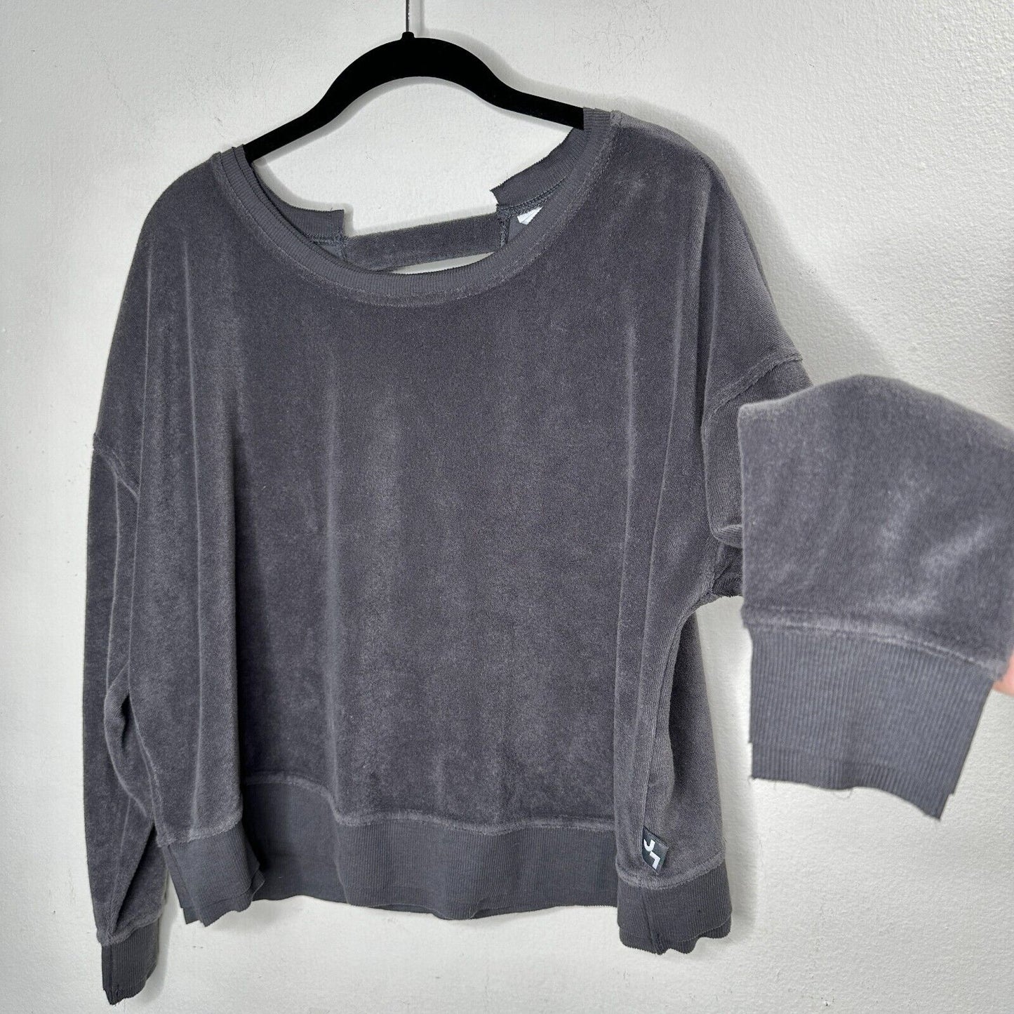 Joy Lab Dark Gray Long Sleeve Crop Terrycloth Sweater Faux Wrap Open V-Back SM