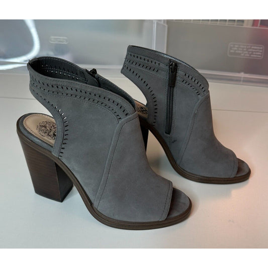 Vince Camutto Gray Koral Laser Cut Suede Open Toe Block Heel Booties Zip size 7