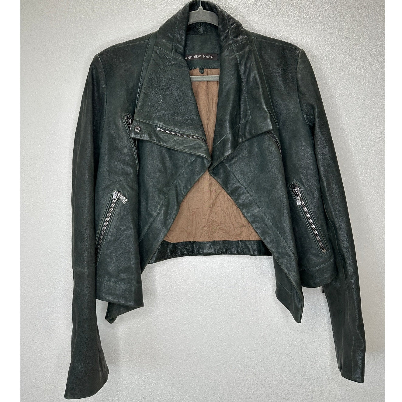 Andrew Marc Olive Green Diagonal Front Zip Leather Moto Jacket XS