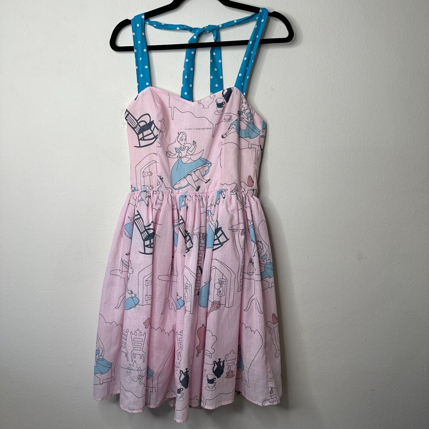 Cute Alice In Wonderland Print Pink & Blue Flowy Halter Top Apron Dress Zip SM