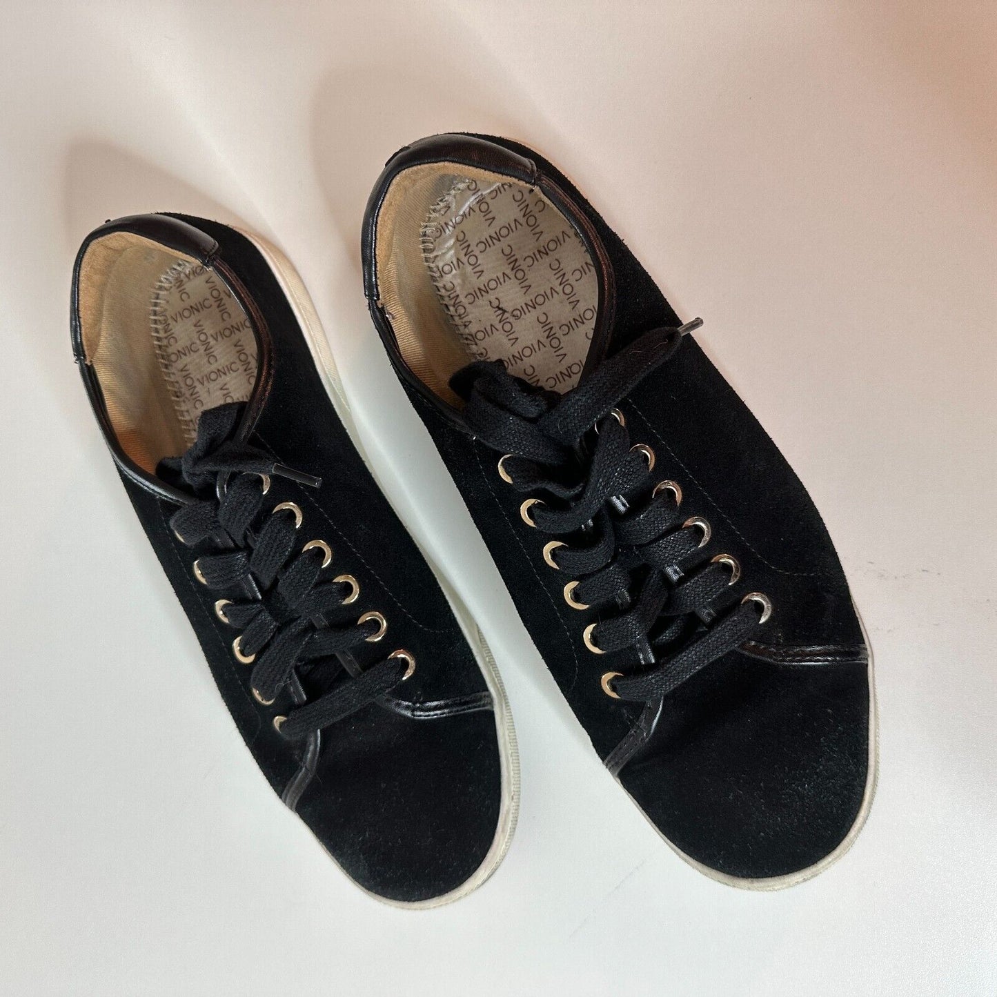 Vionic Sunny Brinley Black Suede Laceup White Trim Round Toe Walking Shoes 8.5