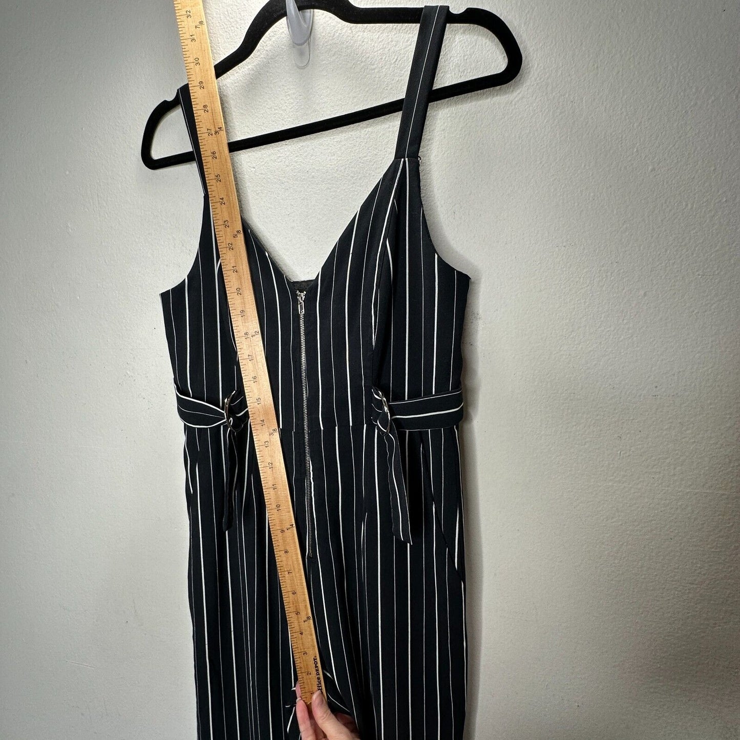 Dance & Marvel Black & White Pinstripe Cinched Sides Wide Leg Front Zip Jumpsuit