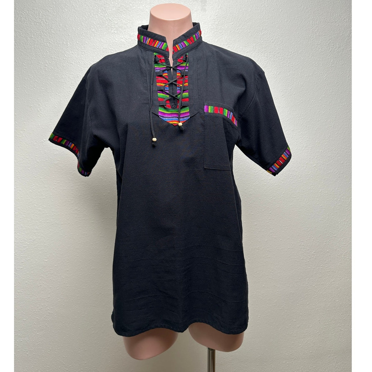Black Boho Tunic Blouse Woven Trim Lace-Up V-Neck Women’s S