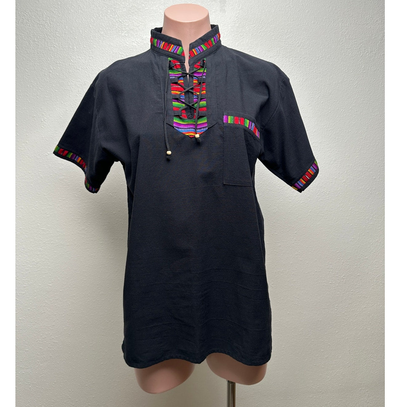 Black Boho Tunic Blouse Woven Trim Lace-Up V-Neck Women’s S
