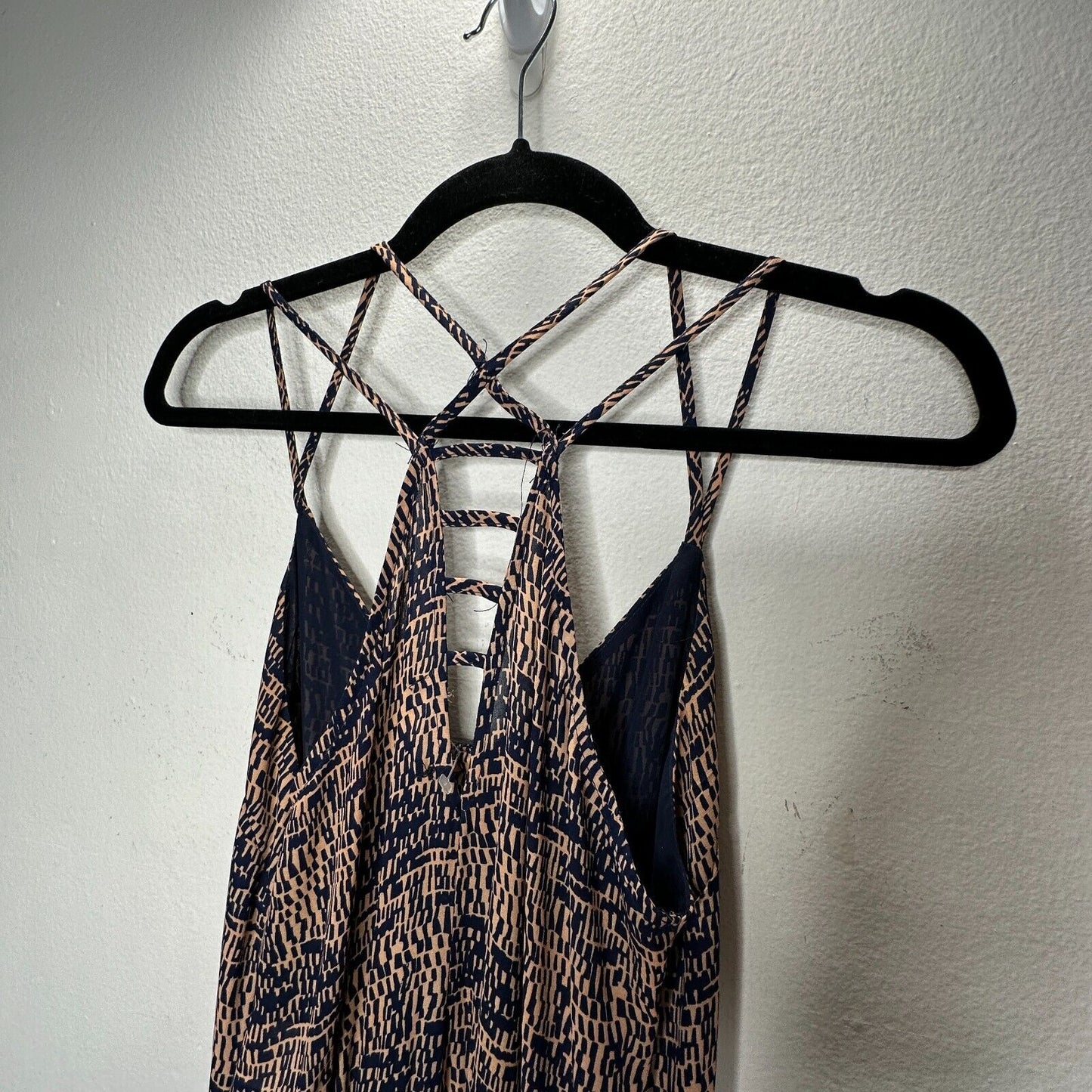 Fora Tan & Navy Front Button Strappy Decorative Back Wide Leg Jumpsuit Small