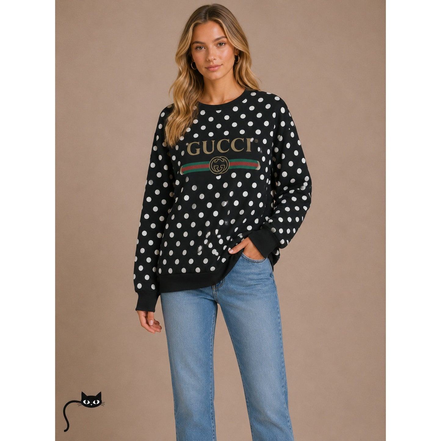 NWT Gucci Black & White Polka Dot Logo Long Sleeve Round Neck Sweatshirt L