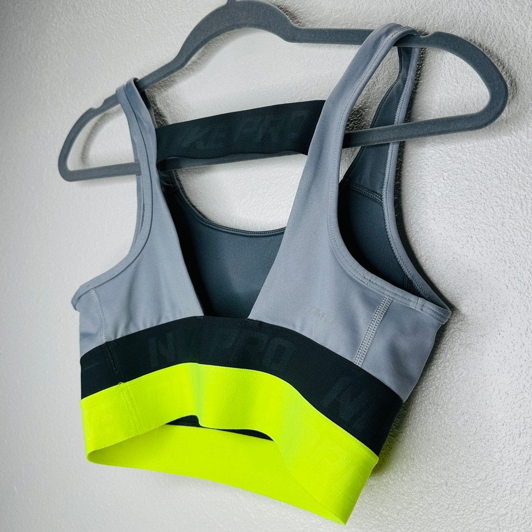 Nike Pro Gray Black Florescent Yellow Sports Bra Small