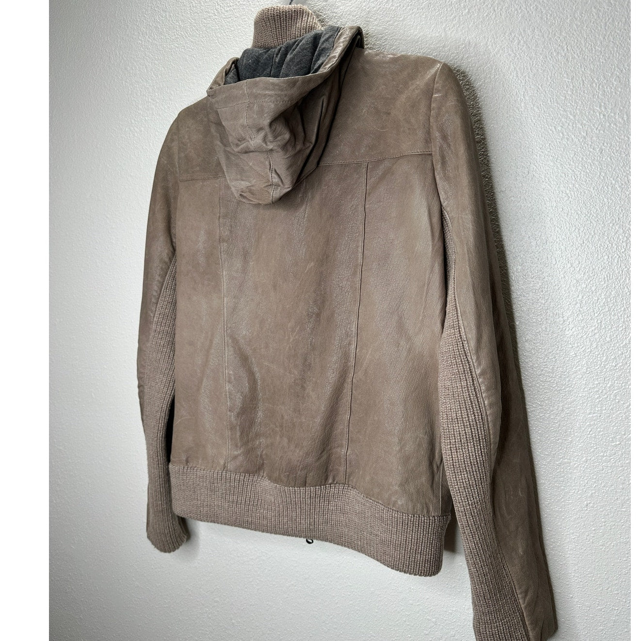 Haute Hoodie Fawn Taupe Lamb & Ribbed Knit Front Zip Hoodie Jacket S