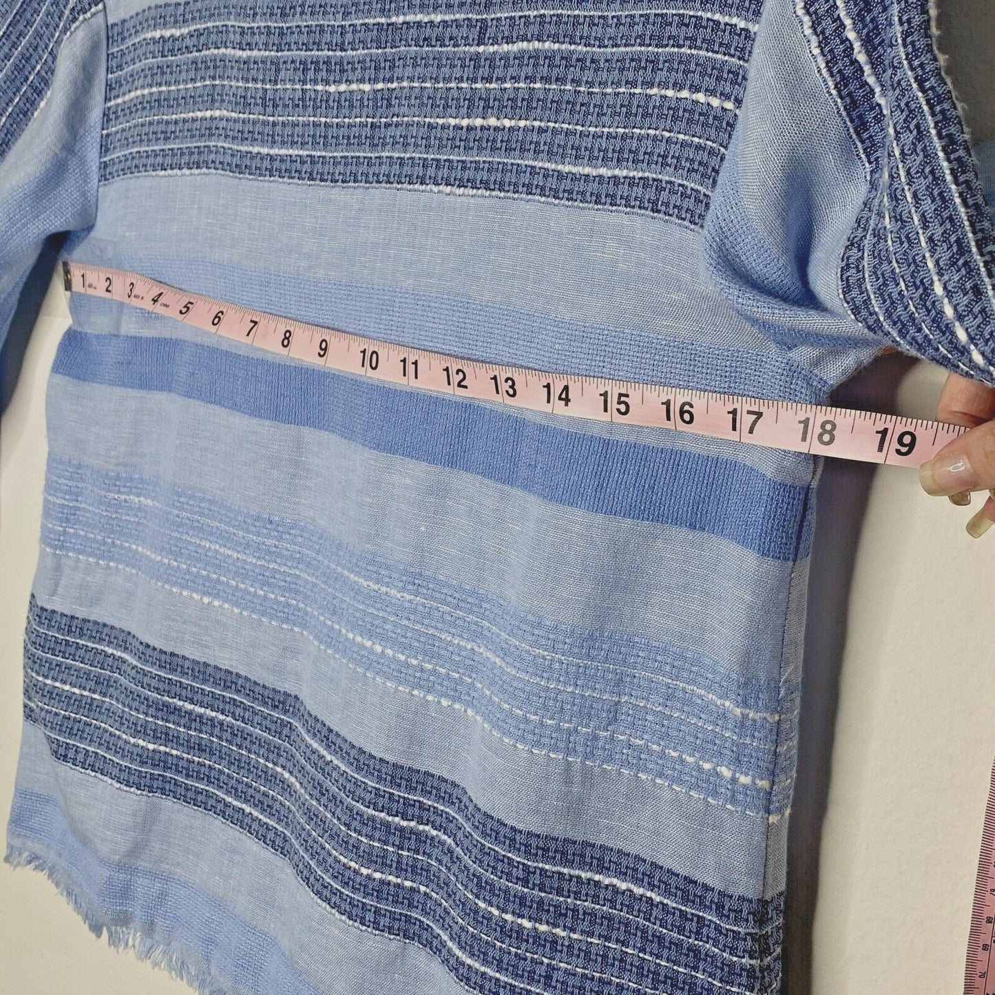 Cloth & Stone Light Blue & Navy Stripe Linen Bell Sleeve Raw Hem Tie Neck Top XS