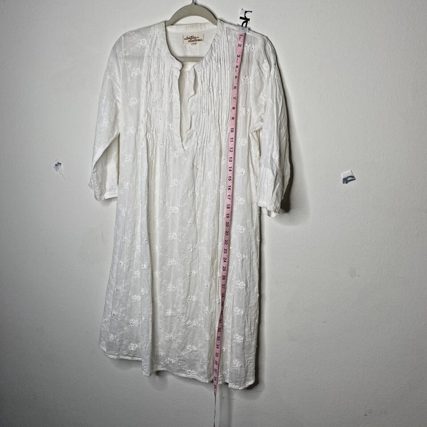 Antica Sartoria Gauze and Crochet Beaded Half Button White Dress 3/4 Sleeves S