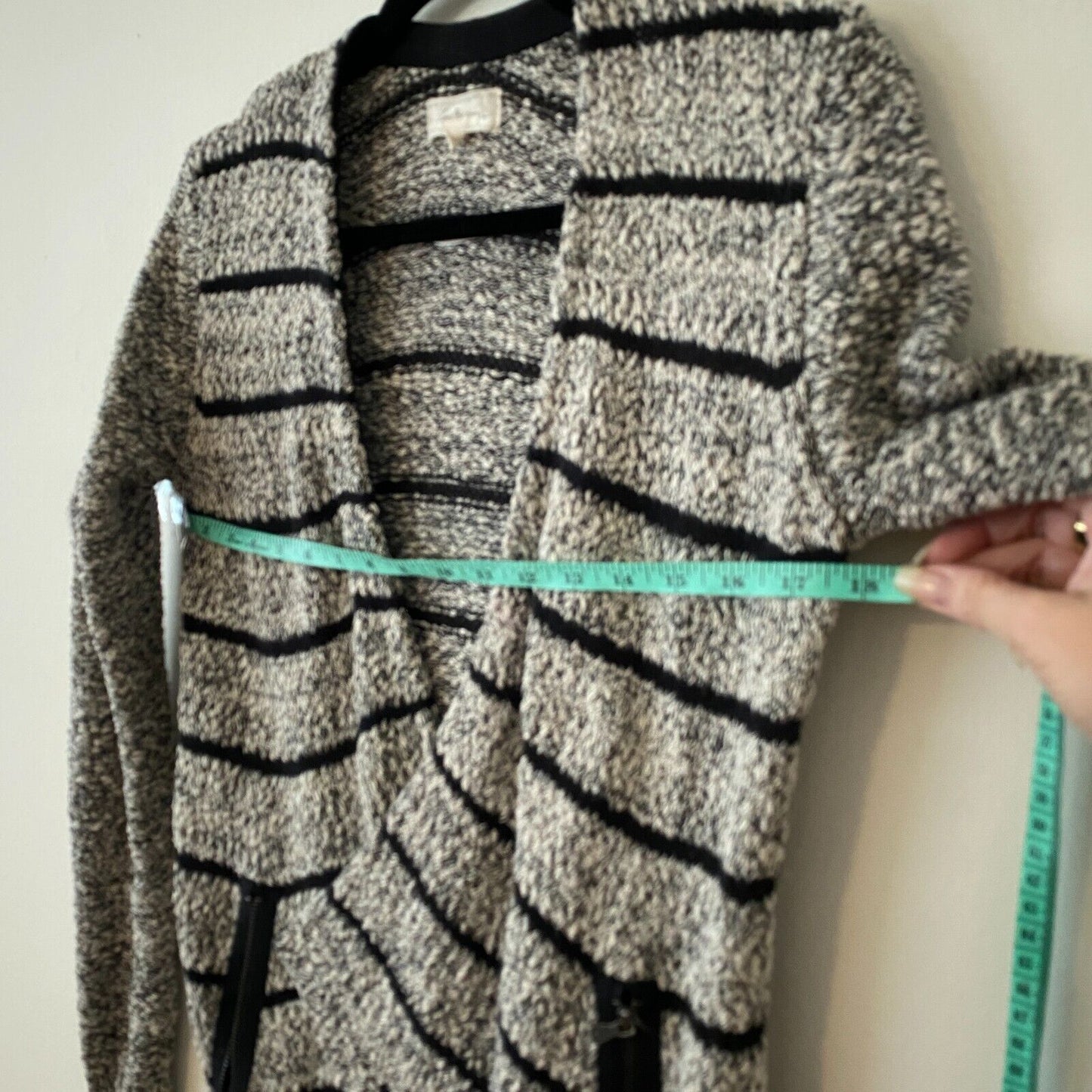 Lou & Grey Chunky Knit Black & Gray Off White Stripe Open Cardigan Zip Pocket XS