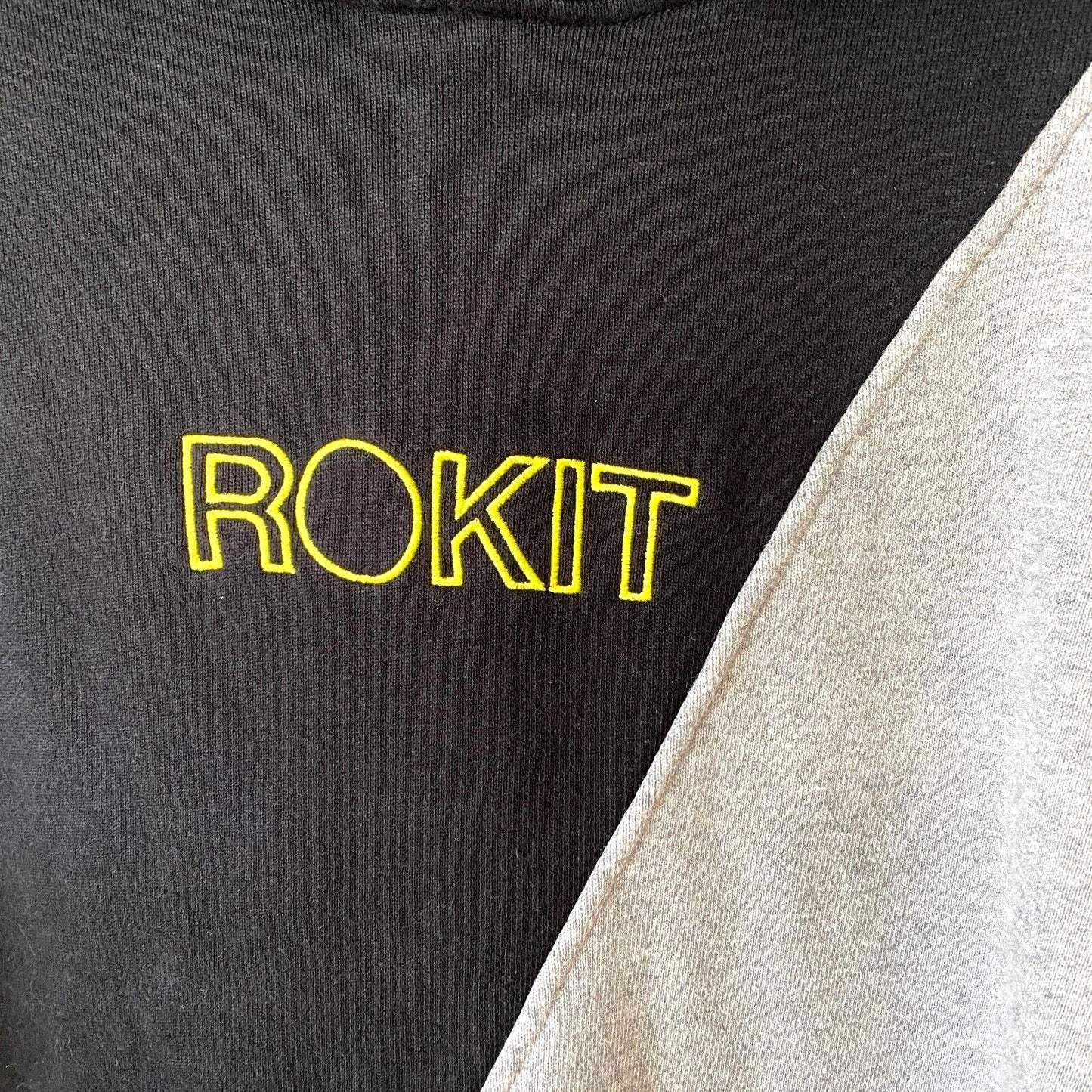 Rokit Split Cotton French Terry Hoodie Black Gray & Yellow Logo Sweatshirt L