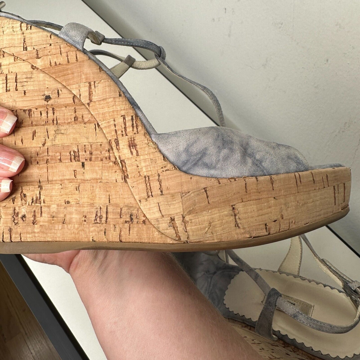 Prada Tie Dye Light Blue Suede Tan Cork Wedge Sandals Ankle Espadrilles 38