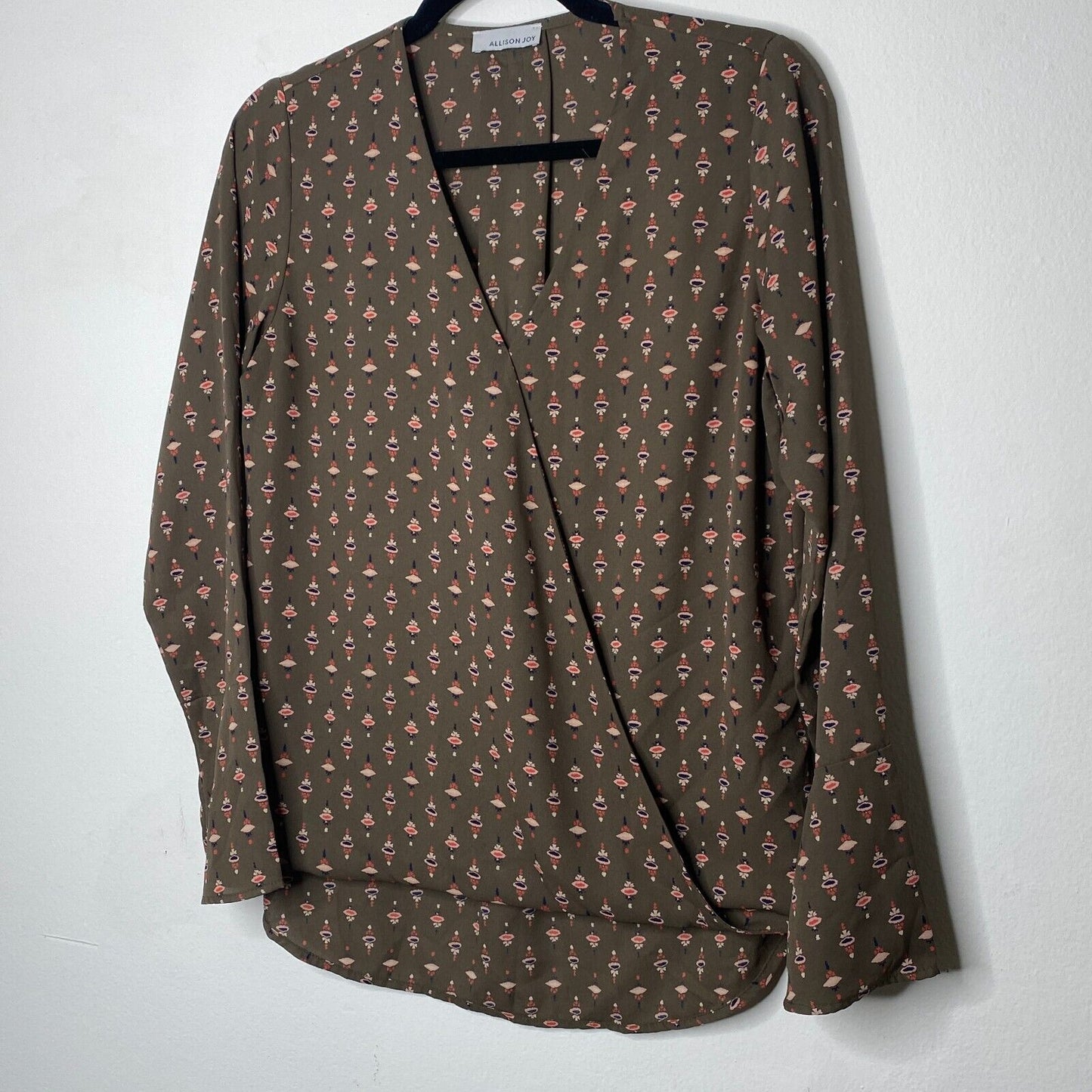 Allison Joy Faux-Wrap Brown Pink Blue Floral Print Design Long Sleeve Blouse XS