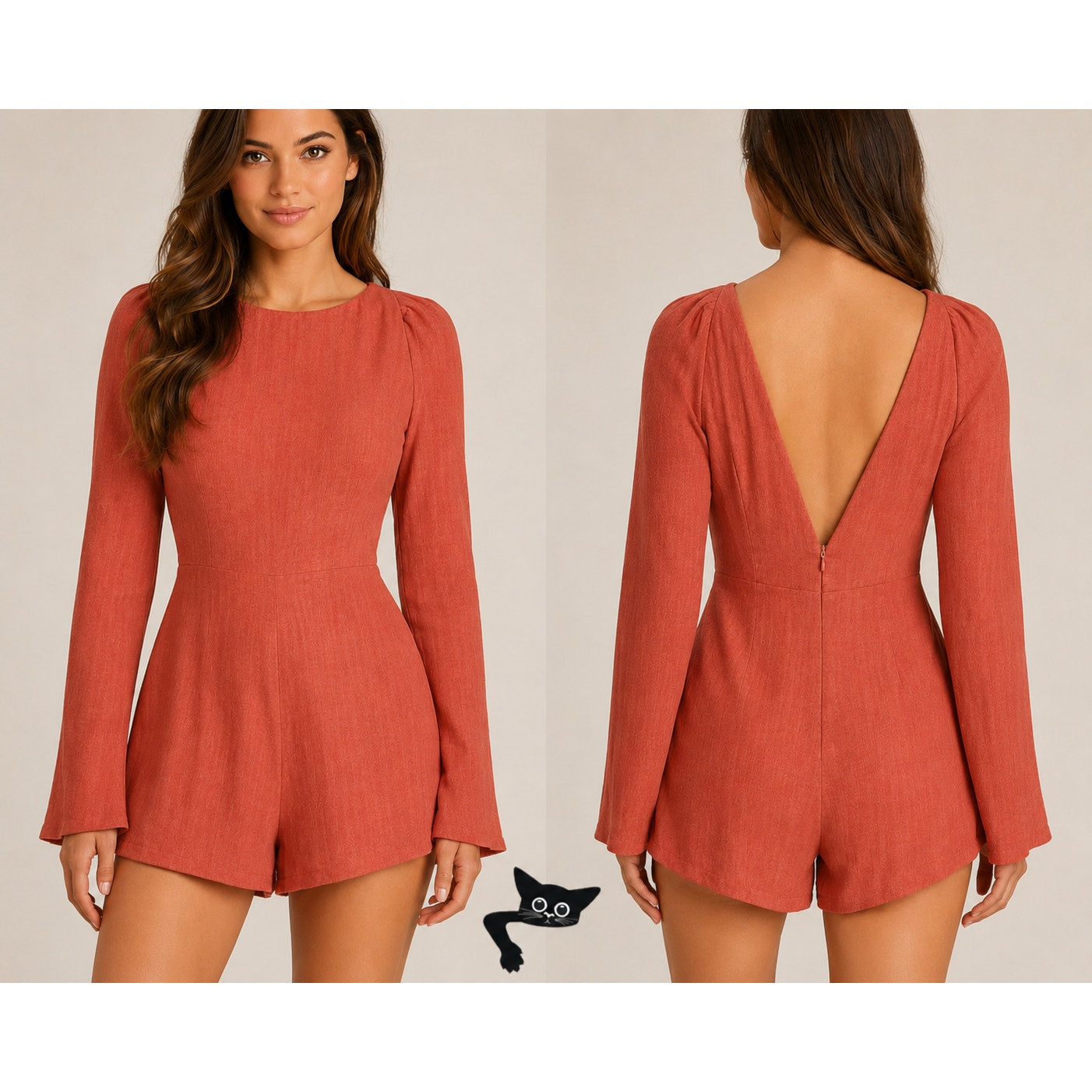Ark & Co Salmon High Neck Long Sleeve V Back Zip Embroidered Zip Romper S