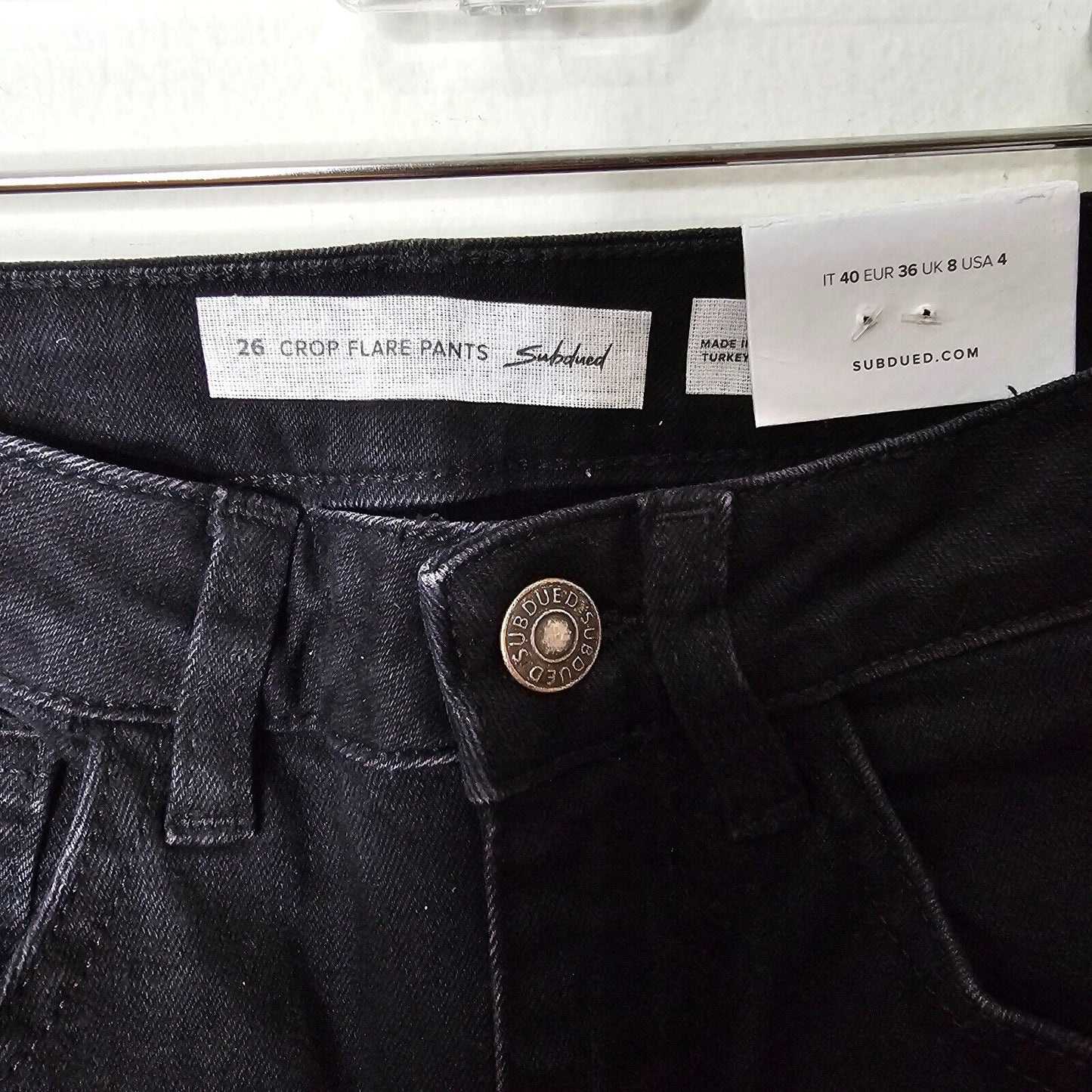 NWT Subdued Black Crop Flare Button Fly Raw Hem Front and Pocket White Flames 26