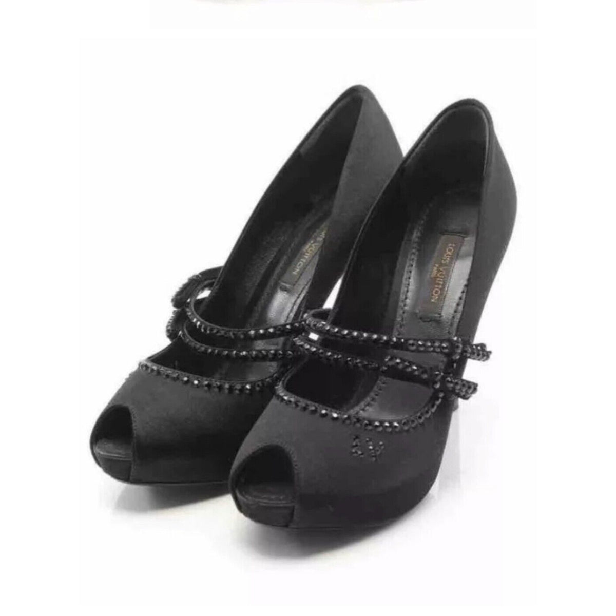 Louis Vuitton Vintage Black Satin Open Toe Crystal Strap Embellished Pumps 37.5