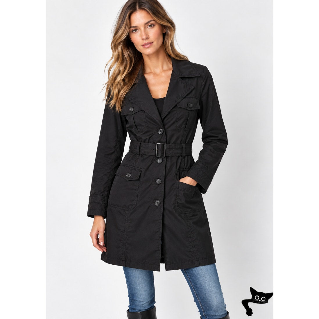 Guess Black Button Down Belted Trench Coat Navy and Green Plaid Interior M