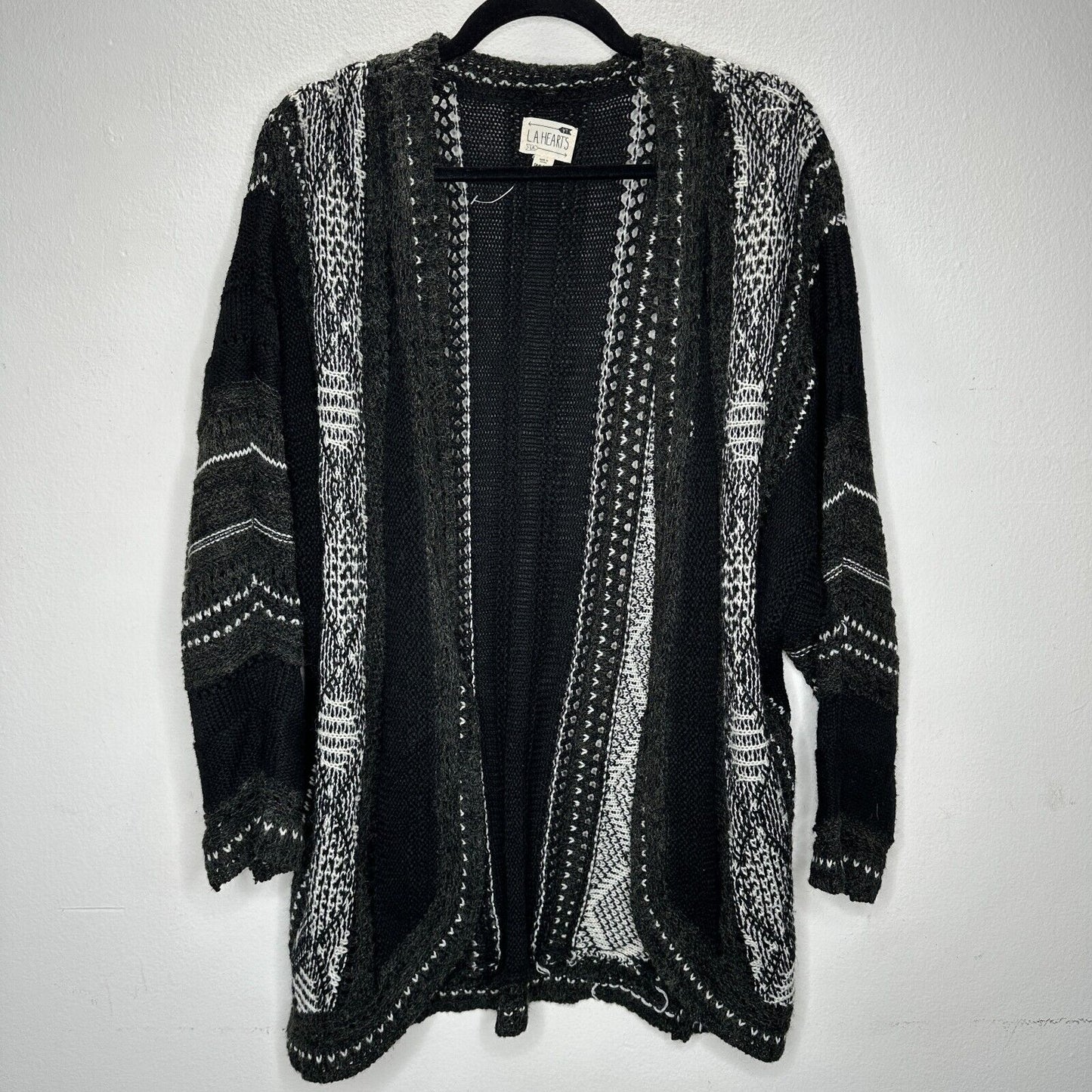 LA Hearts Black Gray and Cream Striped Knit Long Line Open Cardigan Sweater OS