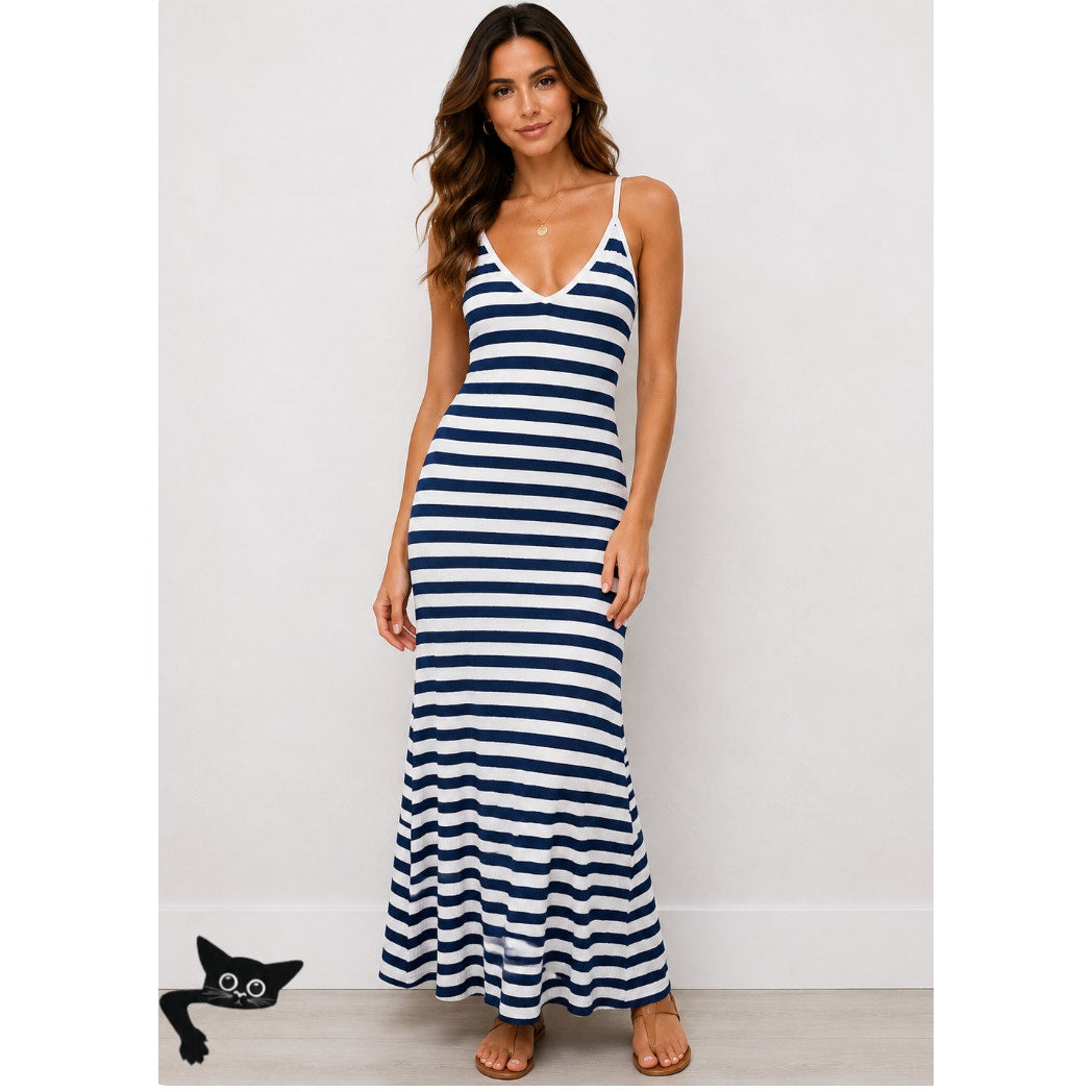 MNG White & Blue Striped Fine Knit V-Neck Thin Straps Maxi Stretch Dress XXS