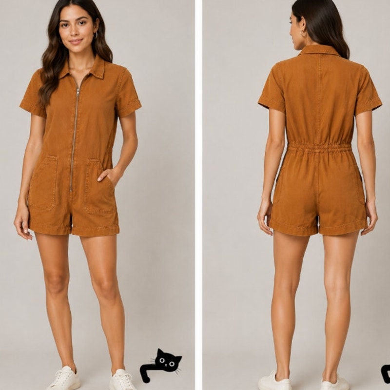 Everlane The Denim Short Coverall Organic Cotton Brown Rust Romper 6