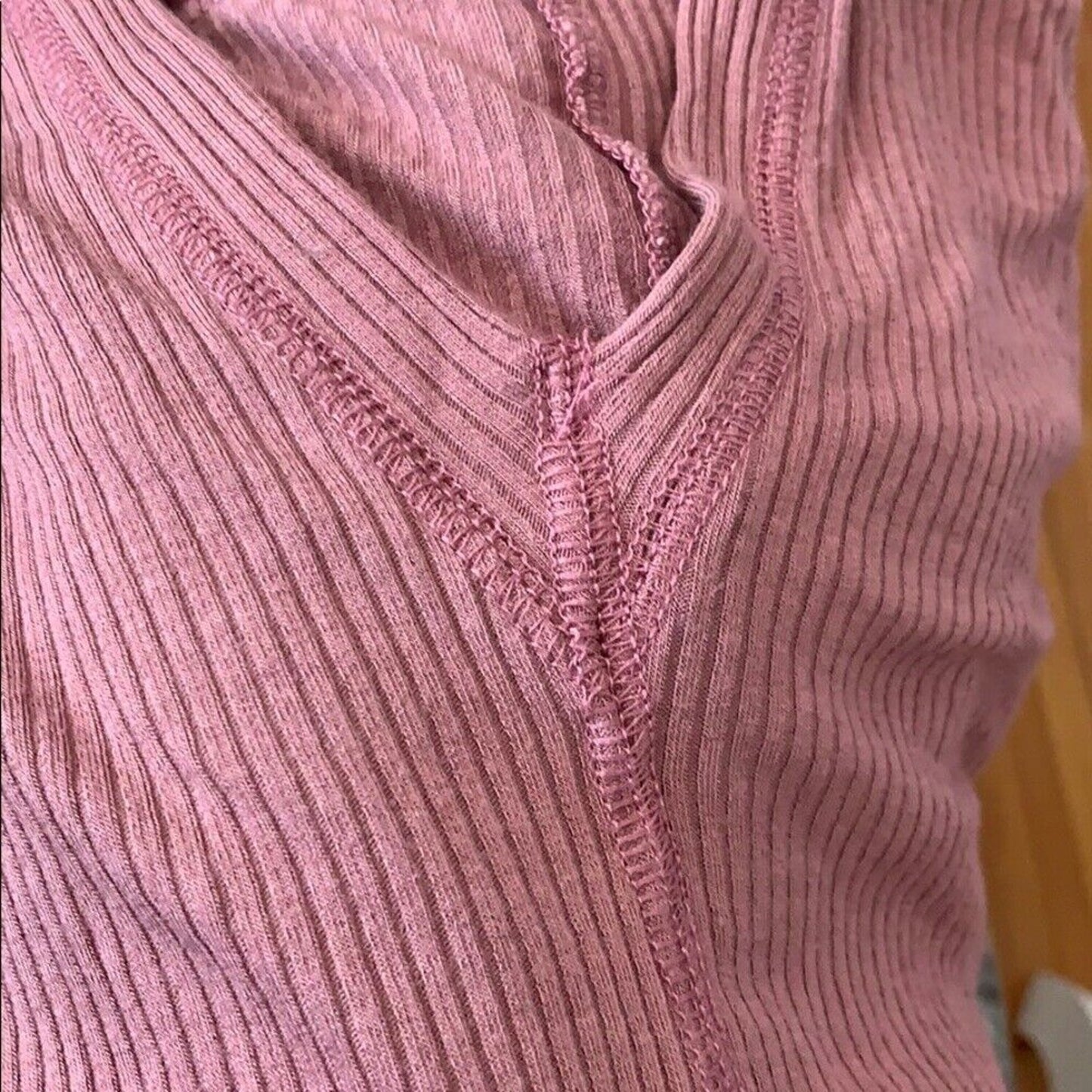 Mauve Pink Oversized Ribbed Knit Deep V long sleeve hoodie High Low Tee Top S
