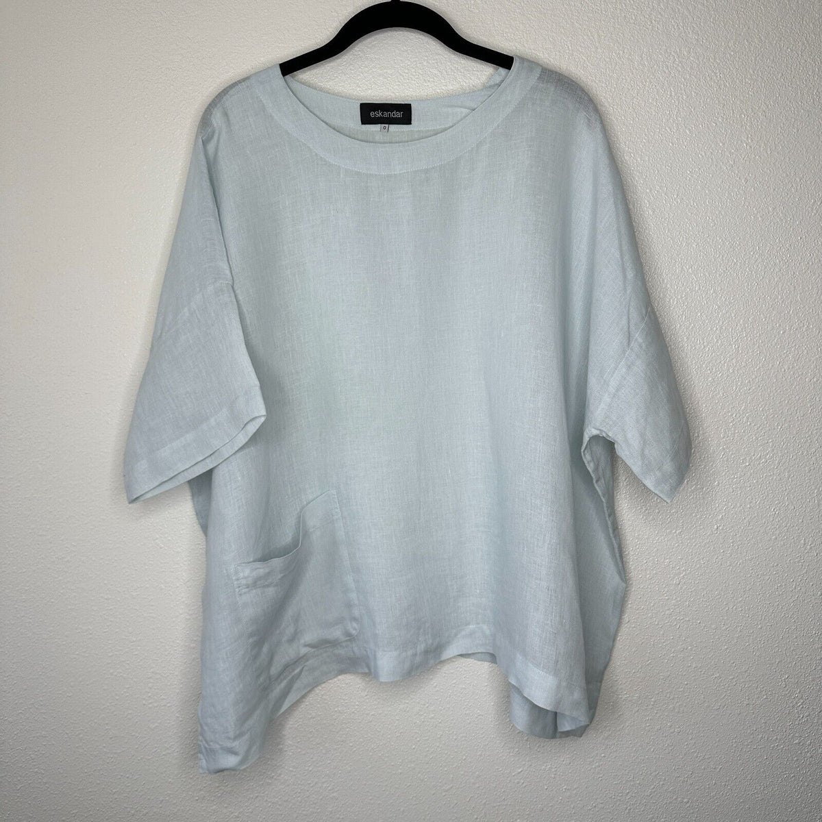 Eskandar Light Blue Boxy Linen Short Sleeve Front Pocket Round Neck Blouse Top 6