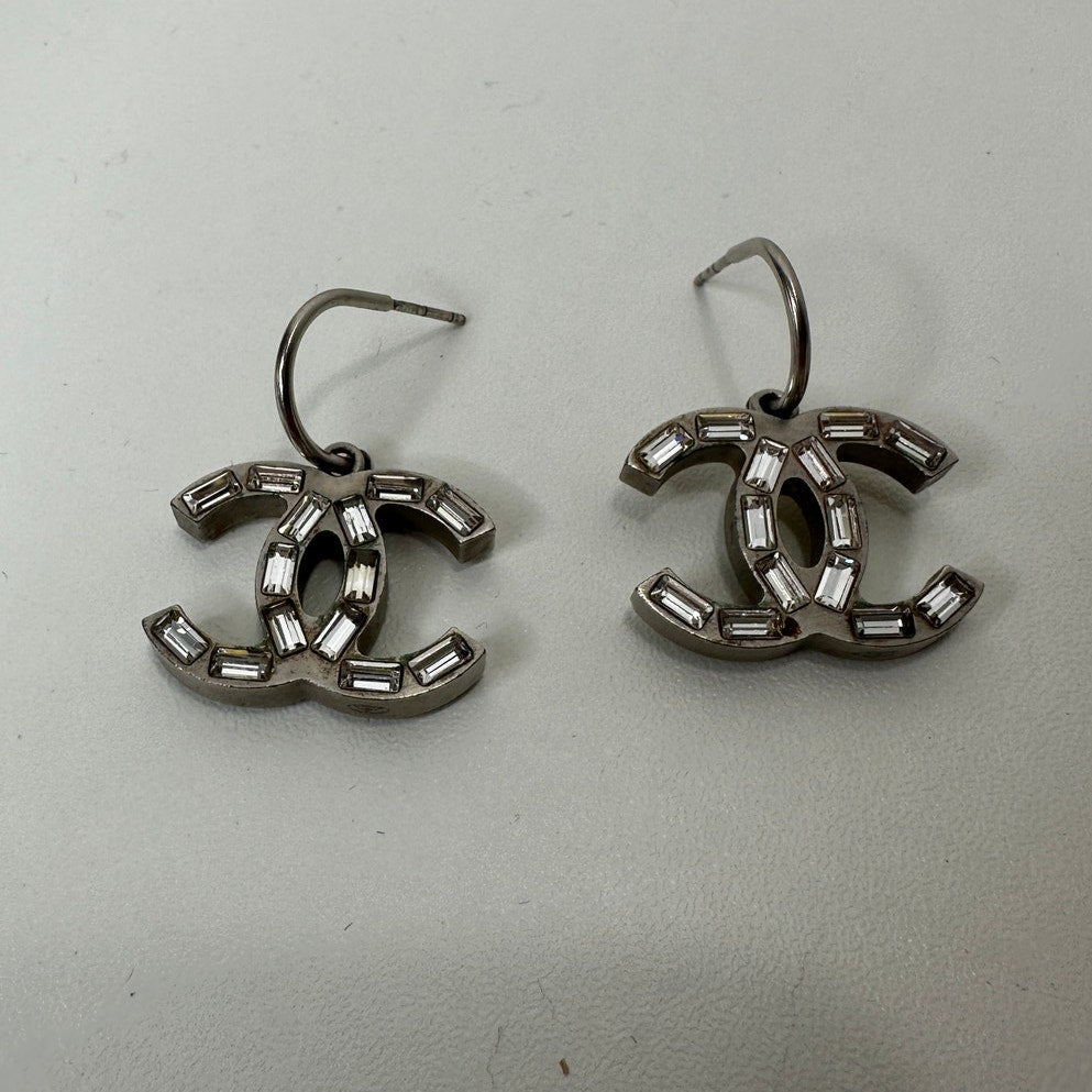 Chanel Baguette Stone Logo Silver Earrings Boucles Oreille Crystal