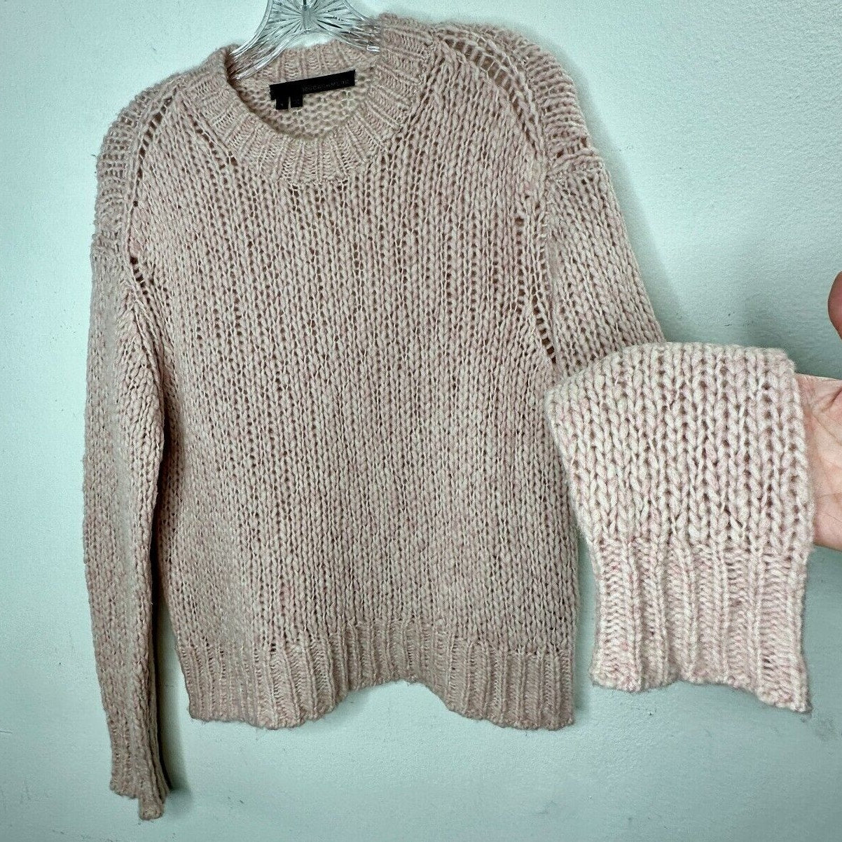 360 Cashmere Abbot Pale Rose Pink Loose Knit Crew Neck Band Cuff Neck Sweater S