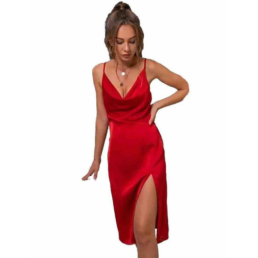 D&M Red Sexy Spaghetti Strap Drape Neck Front Slit Back Zip Satin Dress Small