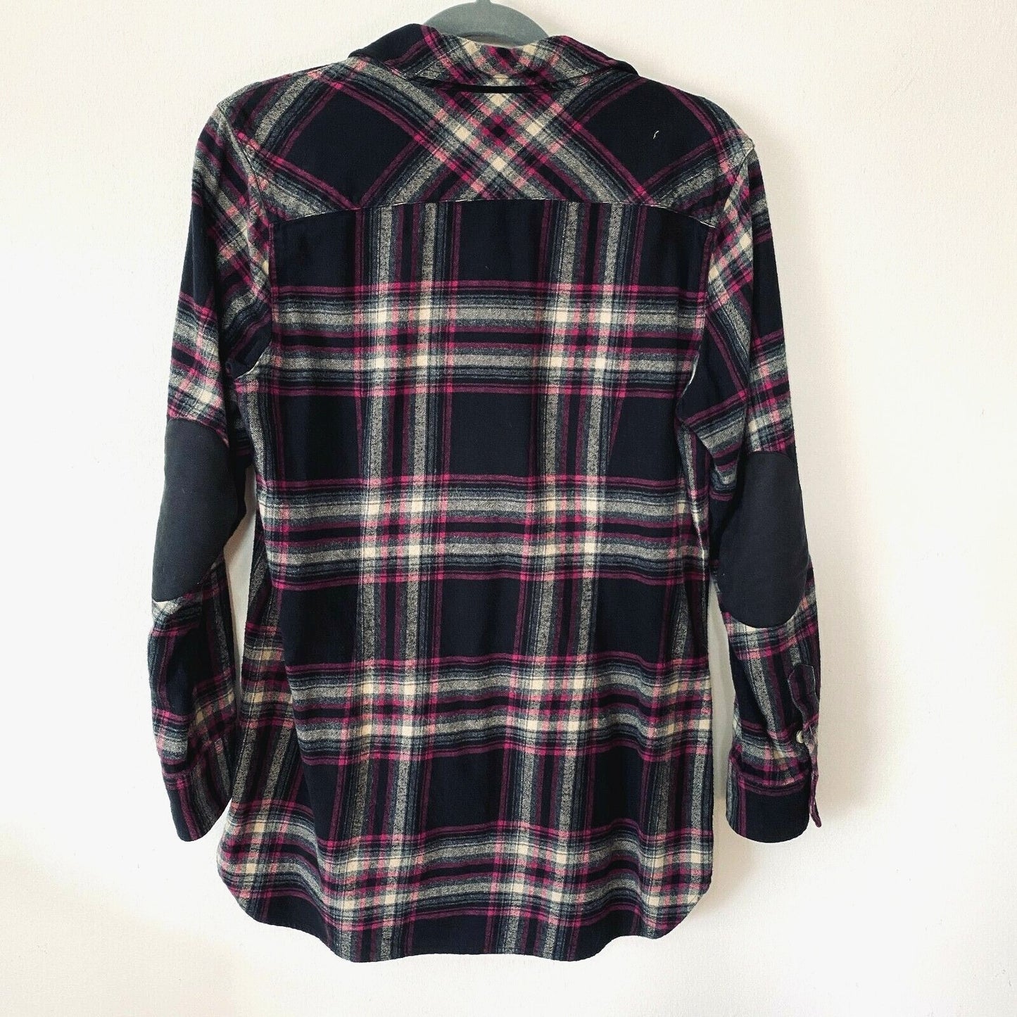Soft Surroundings Magenta Black Plaid Button Elbow Patch Embroidered Pocket M