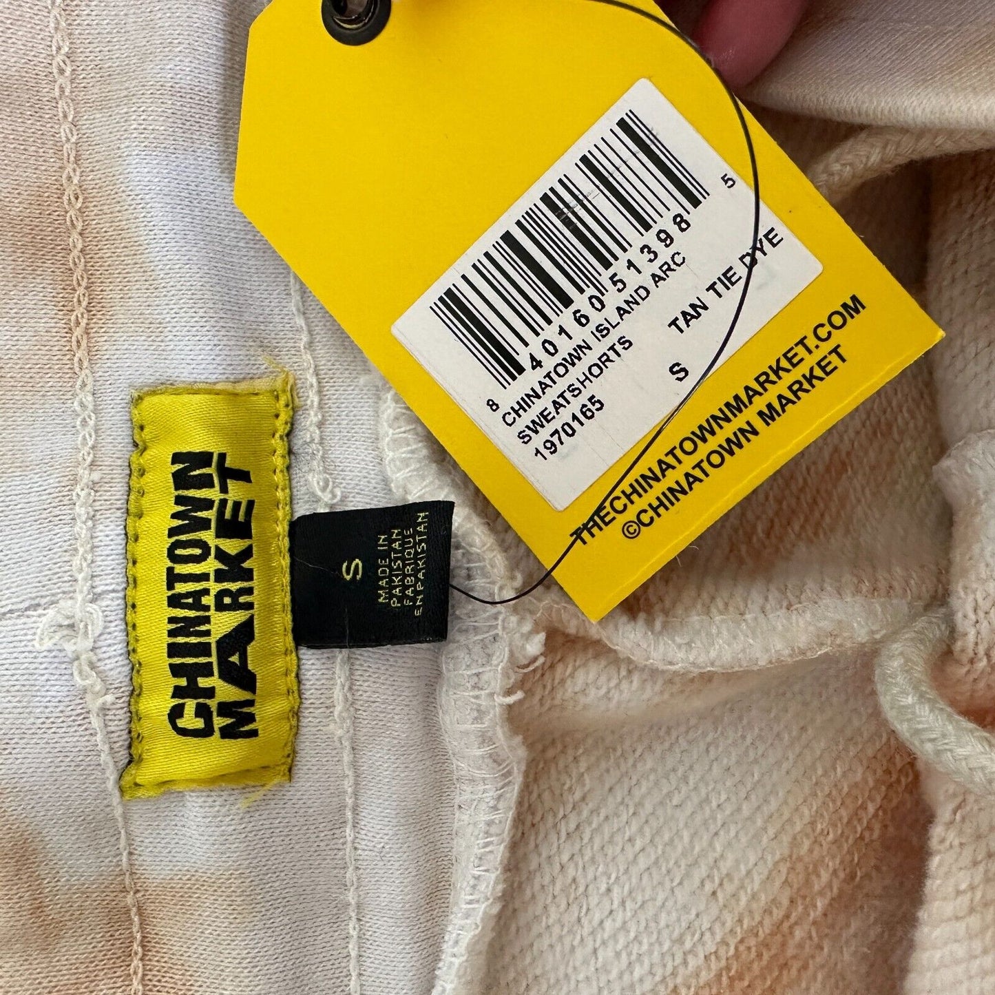 Chinatown Market Beige Tie Dye Island Arc SweatShorts Side and Back Pocket S
