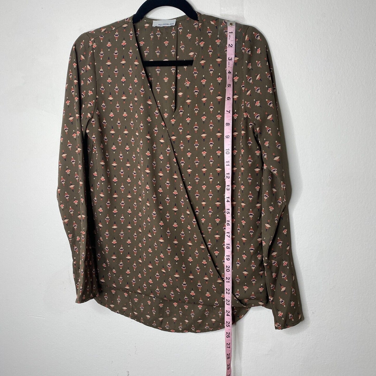 Allison Joy Faux-Wrap Brown Pink Blue Floral Print Design Long Sleeve Blouse XS