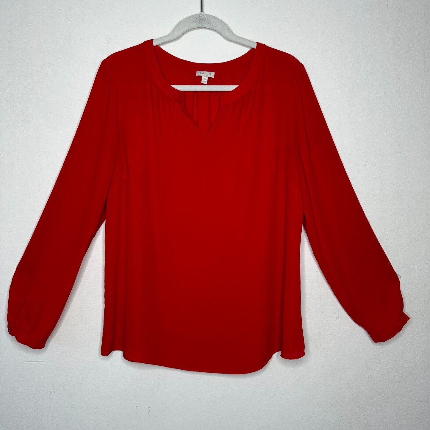 Talbots Red Long Sleeve Button Cuff Shirred Back Cut V Neck Tunic Blouse Medium