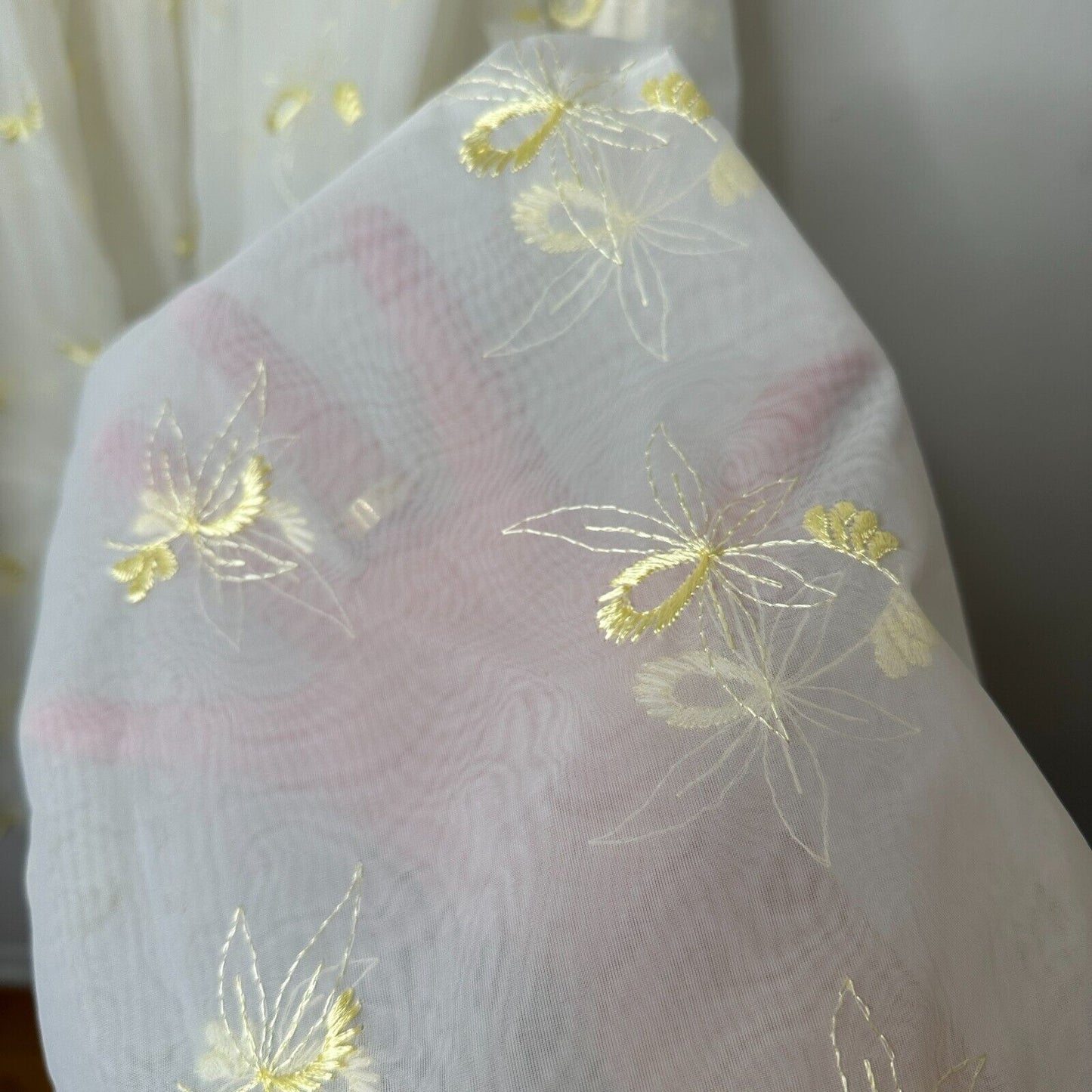 VINTAGE Sheer 50s Pale Lemon Yellow Floral Design Embroidered Sleeveless Dress