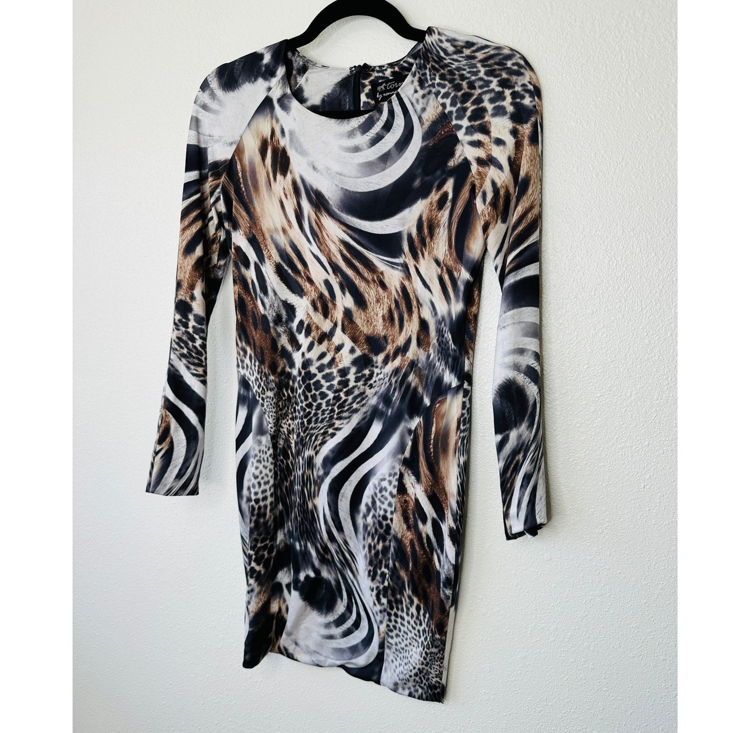 Torn by Ronny Kobo Black White Brown Animal Print Long Sleeve Bodycon Dress S