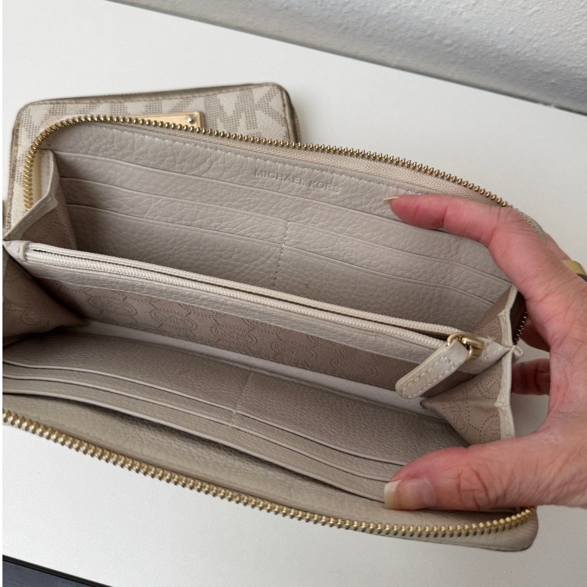 Michael Kors Set of 2 Cream Beige Signature Logo Zip Wallets