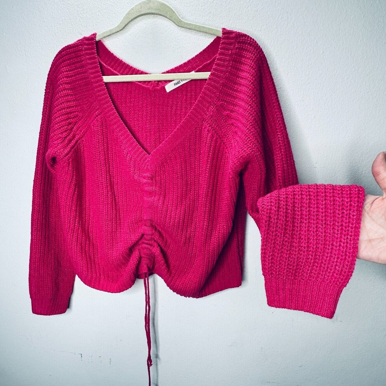 Paris & Me Pink Oversized Wide VNeck Long Sleeve Front Adjustable Ruched Sweater