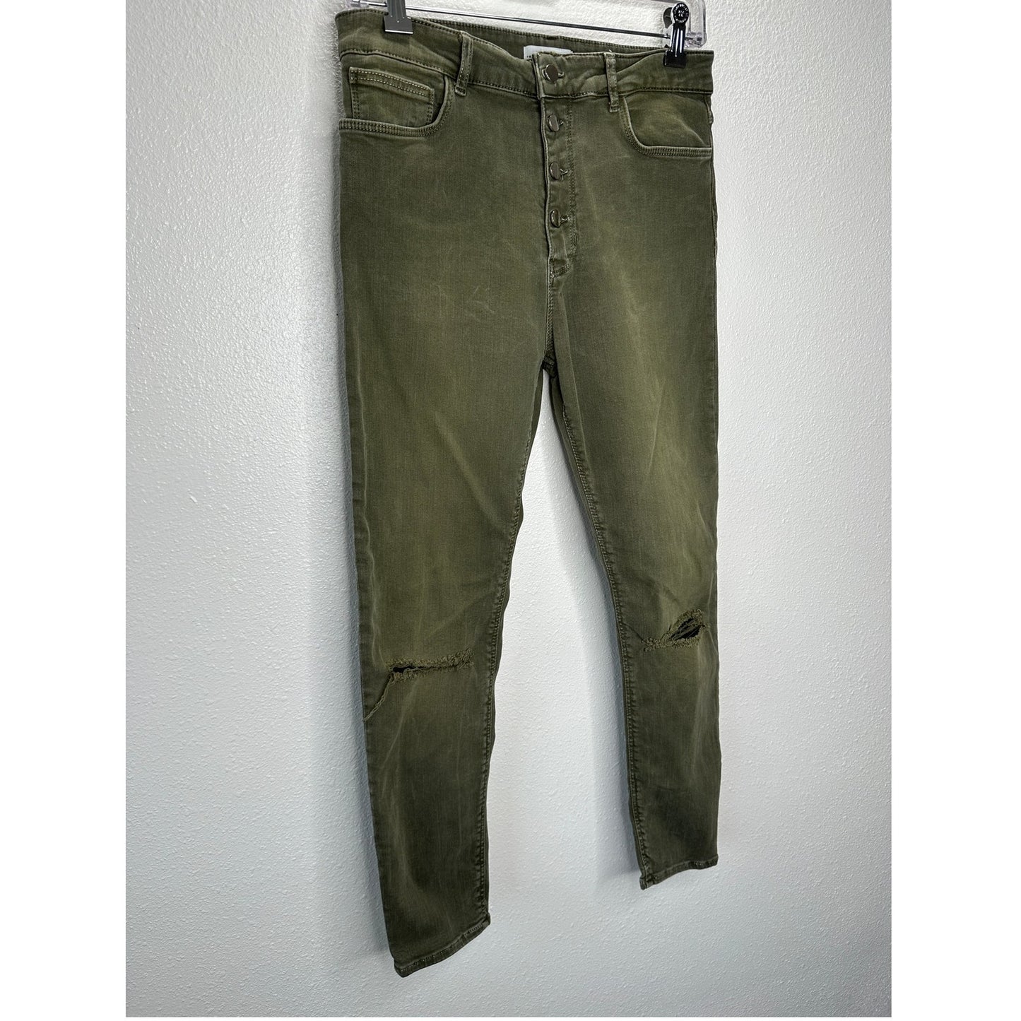 Zara Women Olive Green Button Fly Distressed Knee Skinny Jean High Waist 10