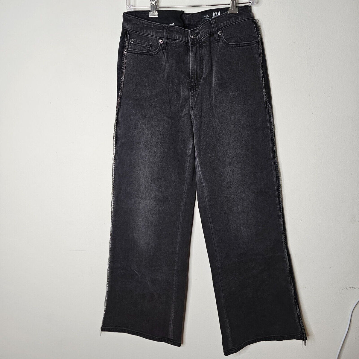 NWOT Armani Exchange Dark Gray J04 Wide Cropped Silver Beaded Fringe Jean 28R