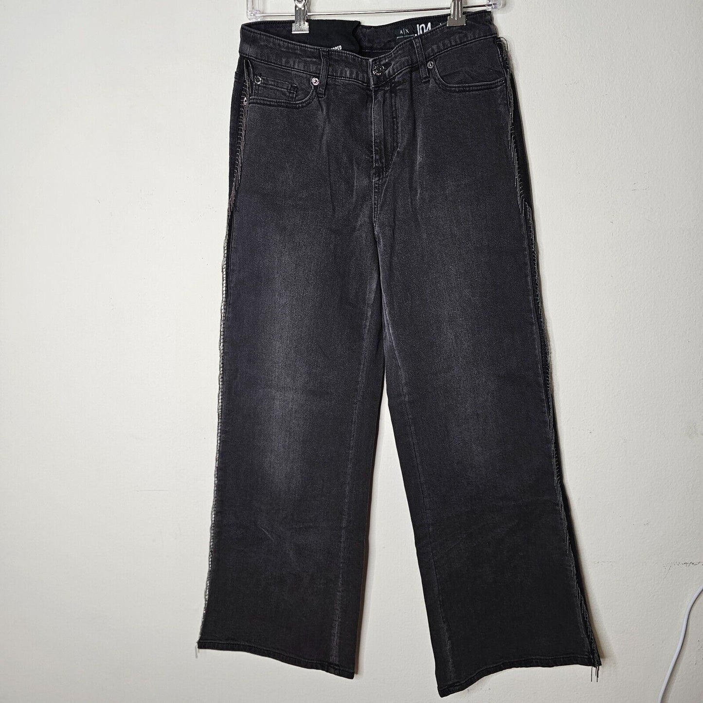 NWOT Armani Exchange Dark Gray J04 Wide Cropped Silver Beaded Fringe Jean 28R
