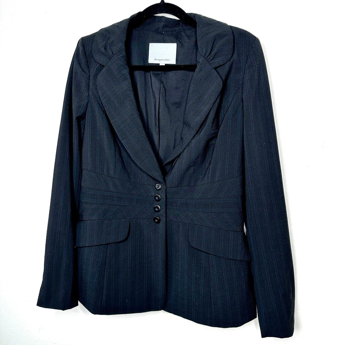 Classiques Navy Blue Pinstripe Fitted Peplum Waist 4-Button Wool Blazer 10