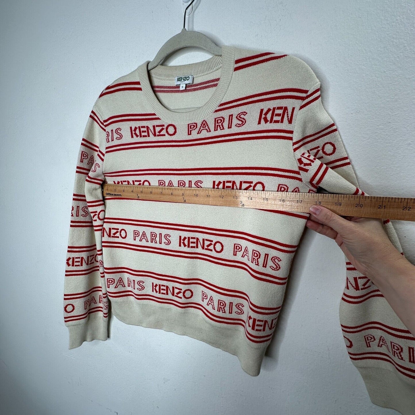Kenzo Red & Tan Striped Woven Logo Knitted Sweater Long Sleeve Round Neck Small