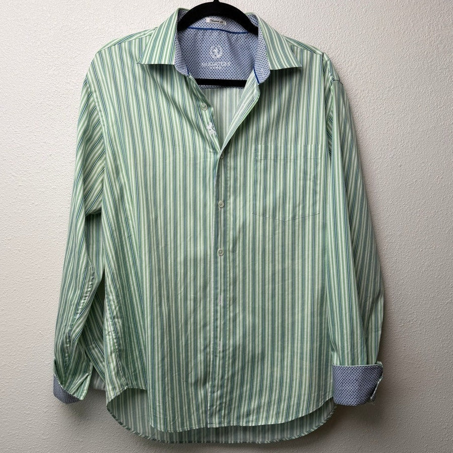 Bugatchi Shaped Fit Stripe Button Front Shirt Green Men’s L