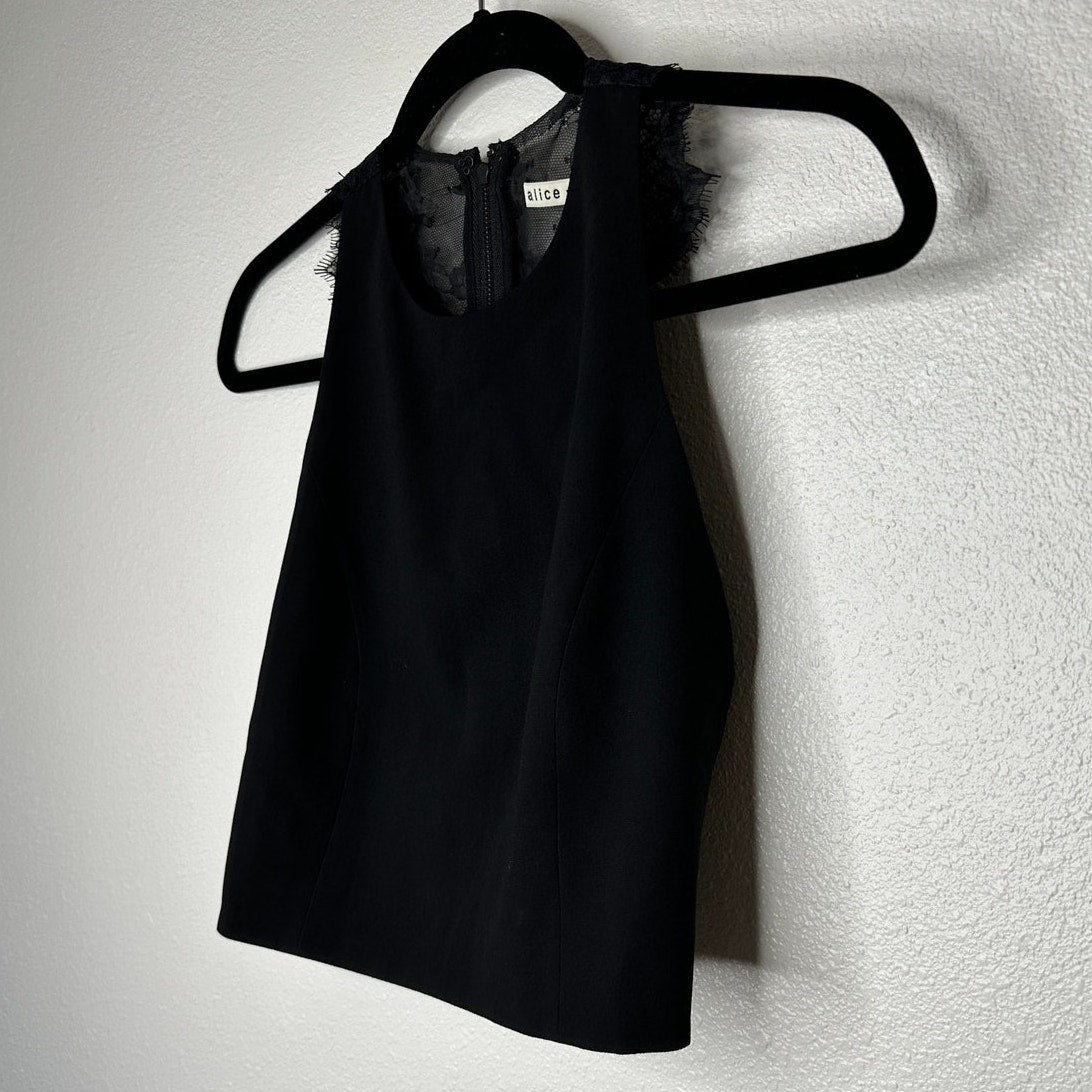 Alice + Olivia Crepe de Chine Black Lace Going Out Crop Top 0