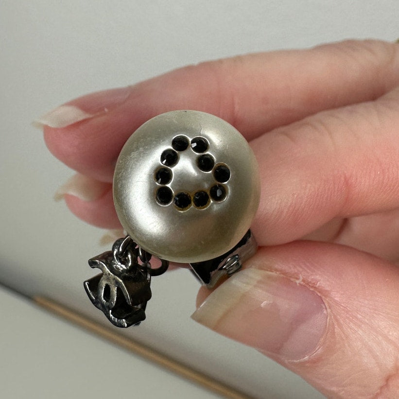 Chanel Paris Silver  Embossed Logo Pearl Crystal Heart Dangle Ring 6.5
