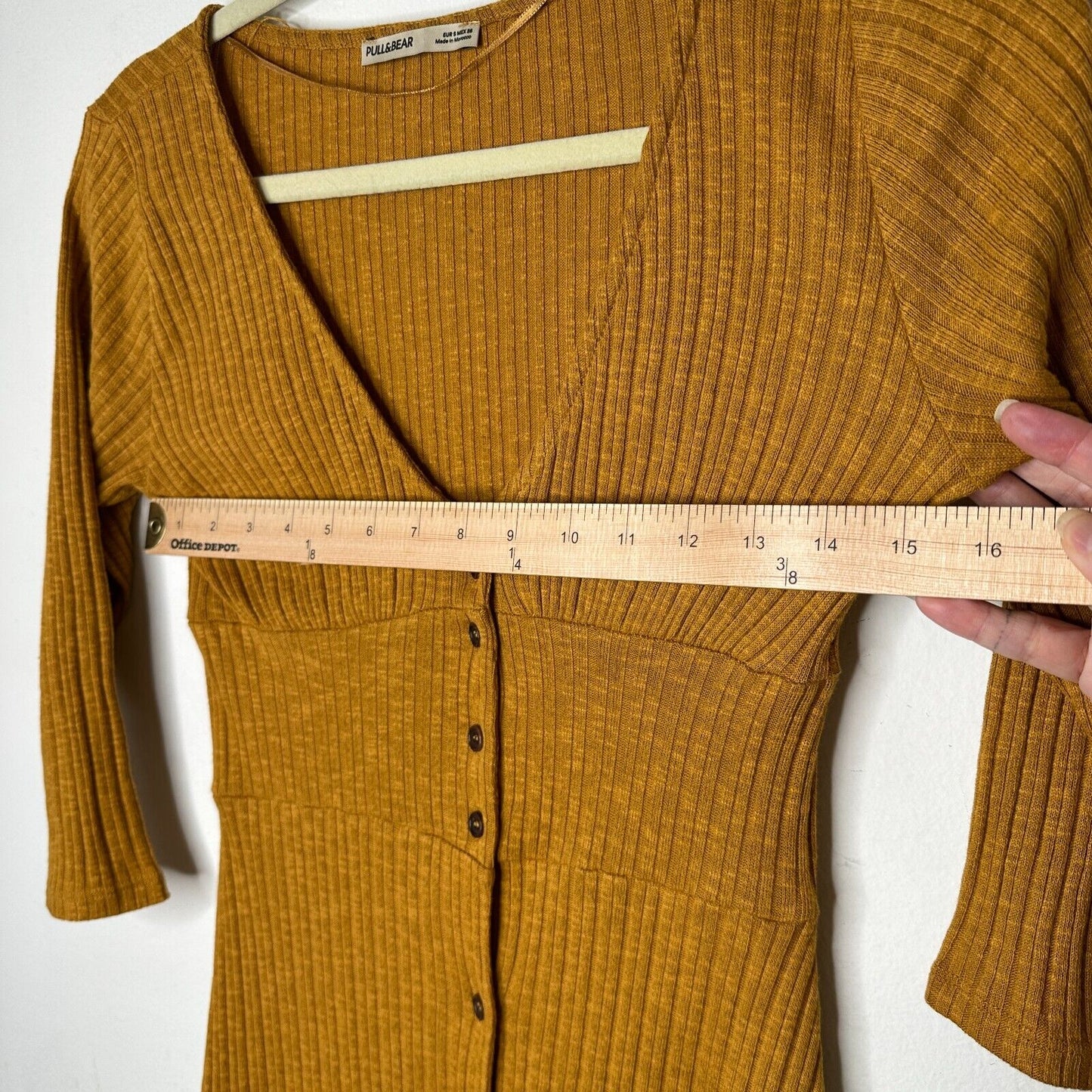 Pull & Bear Golden Yellow Cotton Rib Long Sleeve VNeck Button Up Mini Dress S